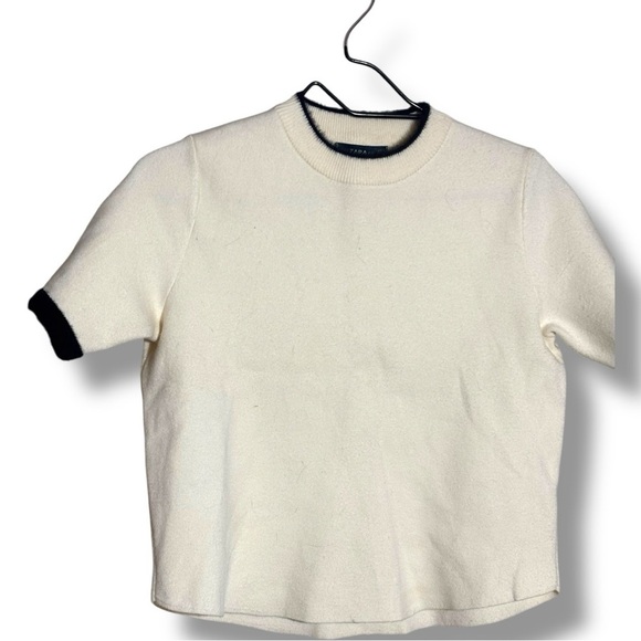 Zara Mock Turtleneck Soft Sweater Material White Tee with Black Trim - Picture 13 of 13